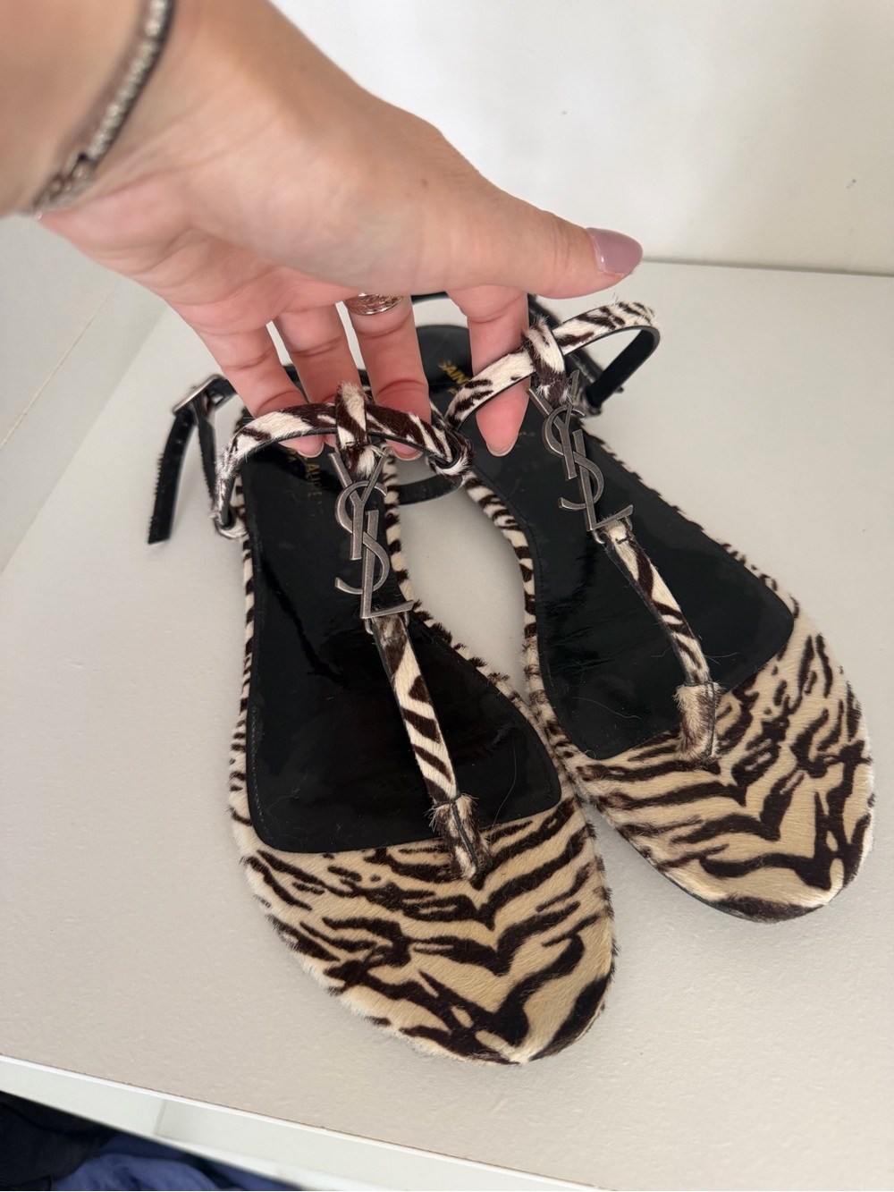 Yves Saint Laurent Zebra Haircalf T-Strap Sandals in Black & Cream